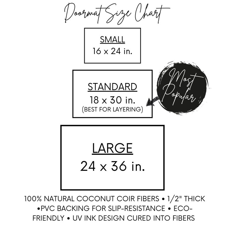 May include: A doormat size chart with three options: small (16 x 24 inches), standard (18 x 30 inches), and large (24 x 36 inches). The standard size is marked as the most popular. The doormats are made from 100% natural coconut coir fibres, are 1/2 inch thick, and have a PVC backing for slip-resistance.
