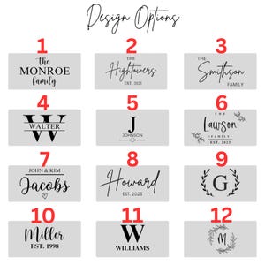 May include: A selection of 12 design options for personalized items. Each design features a name or initial in a variety of fonts and styles, with some including the family name and established year. The designs are displayed on rectangular gray backgrounds.
