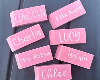 Custom Pink Erasers with Names, Back To School Gift Supplies, Name Eraser, Personalized School Supplies for Kids, Teacher Gifts for School