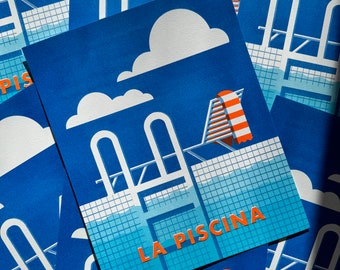 Plakat Retro Poolside Risograph – Mid Century Modern Art Print – Vibrant Summer Wall Decor – Graphic Riso Print for Gallery Wall