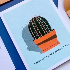Désolé carte de voeux avec cactus, drôle, excuses, excuses, amitié - Risograph Print