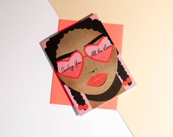 A Risograph card with stylish person in sunglasses with message of love, birthday, happiness.