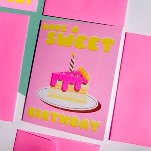 Geburtstag, Kuchen, Süß, Kerzen, Scheibe, Gruß, Karte - Risograph Karte