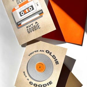 Retro Birthday Risograph Card "An Oldie But a Goodie"  Vinyl Record or Cassette Tape Design, Vintage,  Music Lover, 80s 70s Inspired