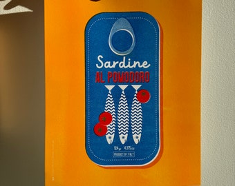 Włoska puszka sardynek – wydruk artystyczny – plakat Risograph – dekoracja ścienna do kuchni w stylu retro – ilustracja do jedzenia w stylu vintage – wydruk 8x10 – sardynki z pomidorów