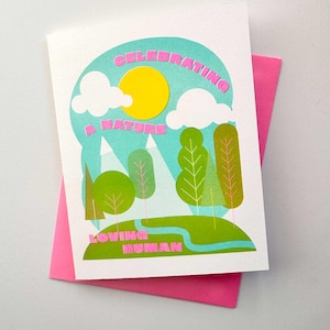 Carte d'anniversaire pour amoureux de la nature - impression risographié - voeux respectueux de l'environnement - célébration en plein air - papier recyclé, encres fluorescentes