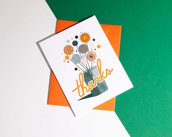 A risograph thank you greeting card with a modern vintage style vase of flowers