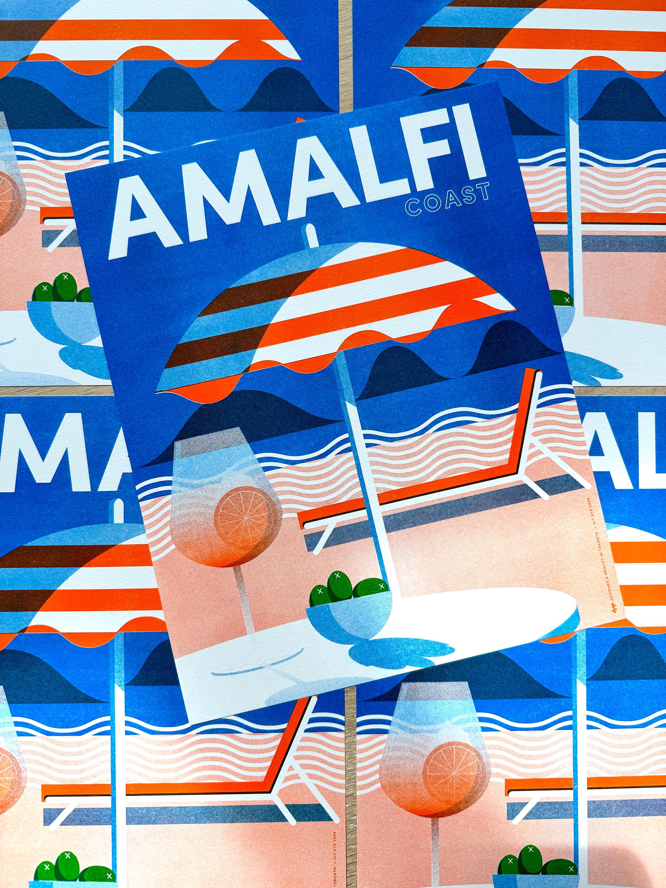 Plakat Vintage AMALFI, wydruk retro risograf, sztuka Morza Tyrreńskiego, Aperol Spritz & Olives, włoski wystrój nadmorski, sztuka ścienna, sztuka w akademiku