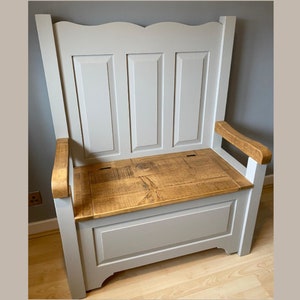 Rustic Painted Solid Wood Monks Bench / Pew Bench / Settle - Hallway Mudroom Entryway Shoe Storage *Choose your colour & size*