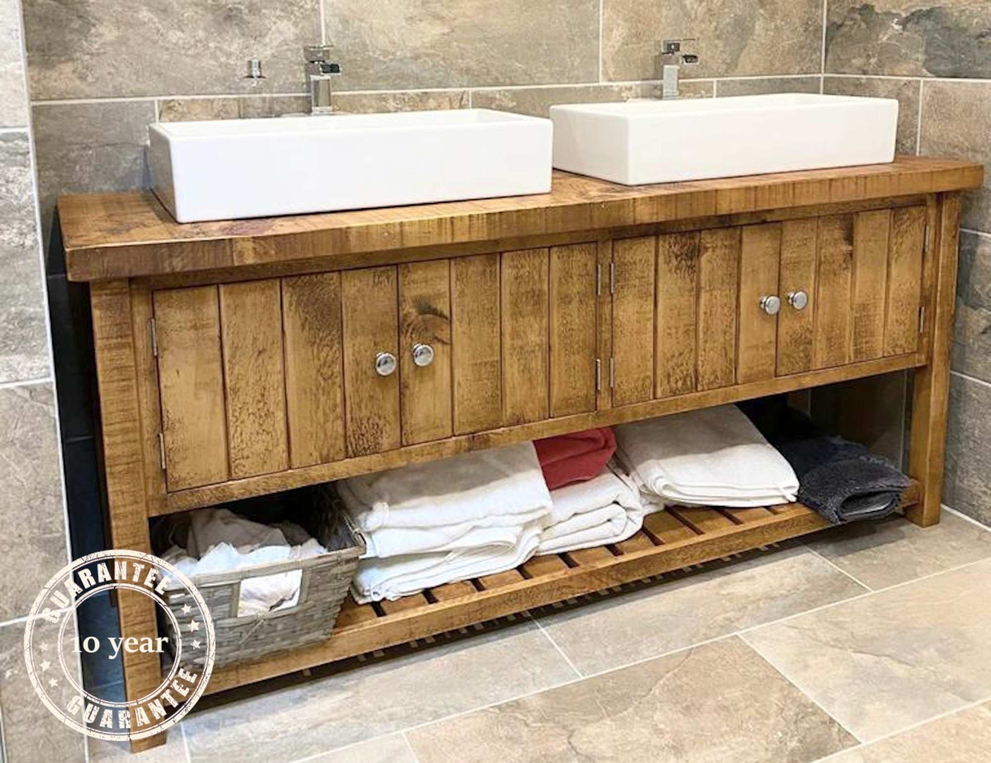Rustic Chunky Solid Wood Bathroom Washstand Double Vanity Sink