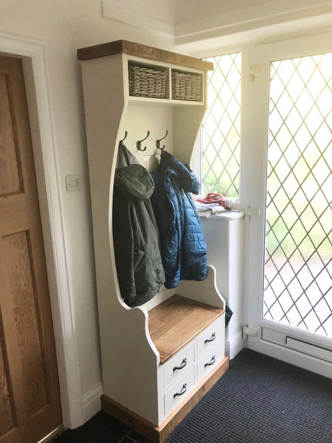 Entryway Monks Bench Coat Rack Rustic Painted Solid Wood Monks