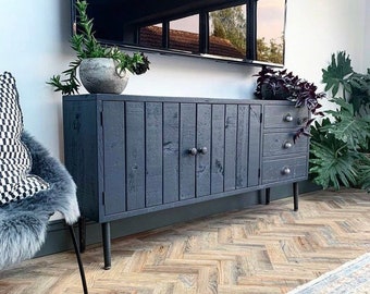 Farrow & Ball Rustic Painted TV Cabinet Metal Legs Industrial * Solid Wood Hallway Living Room Bespoke Furniture* grey black blue