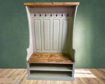 Farrow & Ball Painted Tall Monks Bench with Shoe Rack Hall Hallway Entrance Porch Boot Room Coat Rack