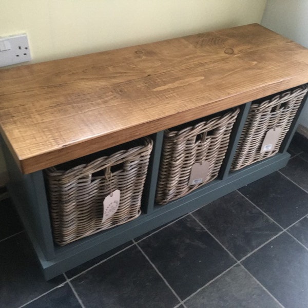 Painted Shoe Rack Storage Bench with 3 Baskets 116cm *Rustic Bootroom Hallway Grey Blue *choose colour* BASKETS INCLUDED