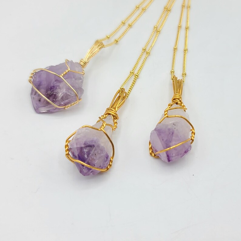Amethyst Crystal Necklace Dainty Wire Wrapped Amethyst Gemstone Crystal Pendant Gold Chain
