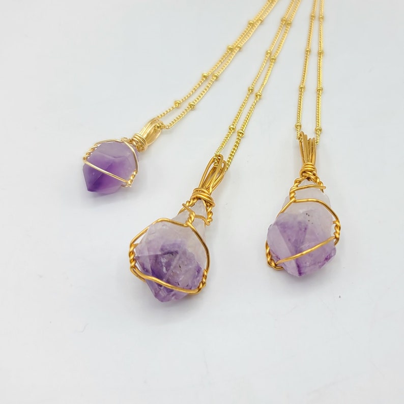 Amethyst Crystal Necklace Dainty Wire Wrapped Amethyst Gemstone Crystal Pendant Gold Chain