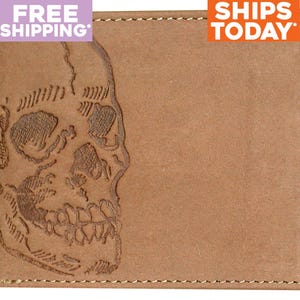 Cartera de cuero para hombre con ventana para identificación, hecha a mano, diseño de calavera doble, grano completo, marrón claro