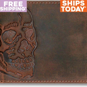 Cartera de cuero para hombre con ventana para identificación, hecha a mano, diseño de calavera doble, grano completo, marrón oscuro