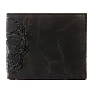 Handmade Full Grain Leather Wallet: Alien Skull Bi-fold, Roswell, Area 51, Dark Chestnut