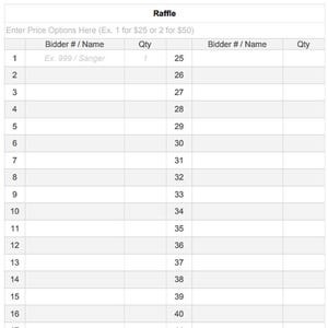 May include: A white raffle sheet with the title "Raffle" at the top. The sheet includes columns for bidder information and quantity, with numbered rows from 1 to 40. The text "Enter Price Options Here" is also visible.