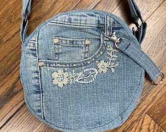 Upcycled Denim Jeans Round Purse, Recycled Denim & Pearls Cross body Bag, Keychain, Fully Lined, Outer Denim Pockets, Circle Denim Jean Bag