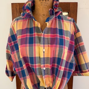 SALE! LARGE Upcycled Mens shirt for Women with Ruffled Collar, Purple & Yellow Plaid Blouse, Ruffled Short Sleeve Shirt-Elastic Optional
