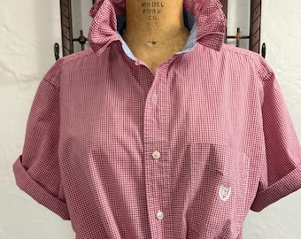 SALE! Americana Mens shirt for Women with Ruffles, Red and White Check remake, womens upcycled Ruffled Collar, Short Sleeve Med-Large