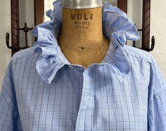 SALE! Upcycled Mens shirt for Women with Ruffled Collar, Lt. Blue Background & Blue Window Pane Check Cotton, Reworked Shirt XL Plus Size