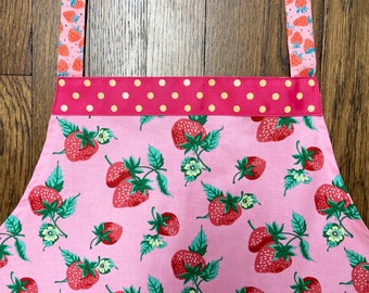 Child 2-4 Summer Strawberry Print Apron, Pink and Red Luscious Strawberry Apron, Assorted Strawberries, Kids Strawberry Picking Baking Apron