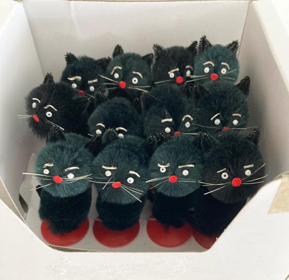 12 Vintage Halloween Black Cats Party Favor. Miniature 2.5", Lot of 12 in Box, Fuzzy Posable Kitten Black Cat Party Favors, Black Cats