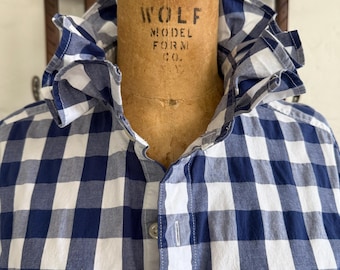 SALE! Upcycled Mens Navy Blue shirt for Women with Ruffled Collar Blue & White Gingham, womens upcycled Ruffled Collar, Long Sleeve Meduim