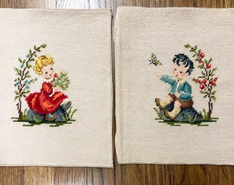 2 Vintage Large Hummel Style Needlepoints, 12” tall Little Boy and Girl Pair Needlepoint, Vintage Embroidery,  Ready to Frame Needlepoint