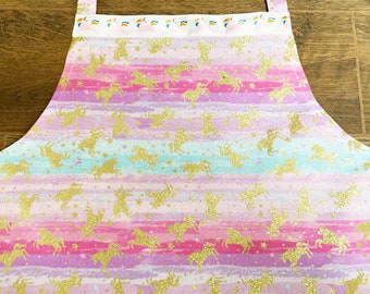 Child Size 2-4 Glittery Gold Unicorn Apron Purple, Pink, and Aqua Ombre Print Apron, Gold Unicorns, Kids Unicorn Apron Rainbow Print