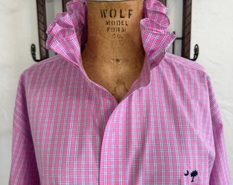 SALE! Upcycled Mens shirt for Women with Ruffled collar remake, womens Pink and Blue Gingham Check Ruffle Shirt Size L - XL