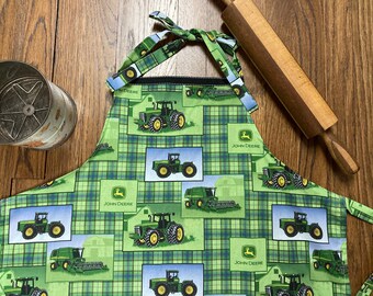 John Deere Adult Size Print Apron, Green Tractor Farm Apron, Mens or Womens Green Tractor John Deere Print Apron, Farmhouse Kitchen Apron