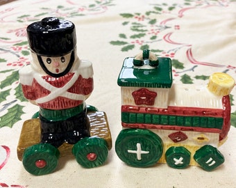 Vintage Salt and Pepper Toy Soldier and Train Car Shaker, Pair Vintage Ceramic Salt and Pepper Shaker Set, Vintage Christmas Salt and Pepper
