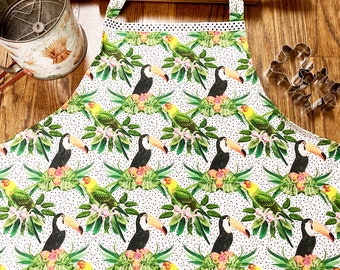 Toucans and Parrots Bird Apron. Tropical Flower Adult Size Apron, Parrot Handmade Apron, Hibiscus Toucan Tropical Print Apron, Gift Under 30