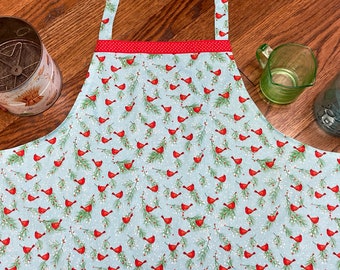 Adult Size Red Cardinals on a Winter Background,  Holiday Apron, Bird Watchers Apron, Red Berries Snowflake Print Modern Farmhouse