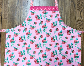 Adult Summer Strawberry Print Apron, Pink and Red Luscious Strawberry Apron, Assorted Strawberries, Spring Mothers Day Apron, Gift Under 30