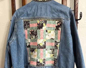 Upcycled Denim Jacket Embellished with Hand-Quilted Floral Panels, Women's Jean Jacket XL-2XL