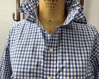 SALE! Upcycled Blue Mens shirt for Women with Ruffled Collar Navy and Blue on White Gingham, womens upcycled remake, Long Sleeve Large
