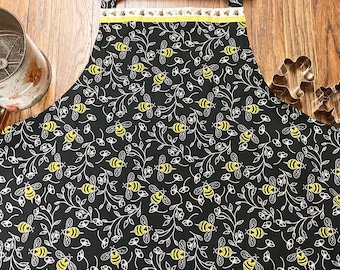 Bumble Bee Print Adult Size Apron, Bees and Flowers Black Handmade Apron, Chalkboard Bee Print Apron, Honey Bee Apron, Teacher Gift under 26