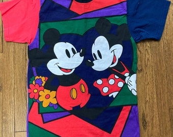 Sale! Rare 1980s Vintage Disney Collection Mickey Mouse Minnie Mouse Color Block T Shirt. Retro Mickey Mouse T Shirt, Vintage Minnie Mouse T