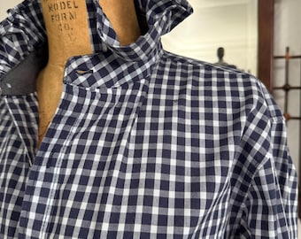 SALE! Americana Upcycled Mens shirt for Women with Ruffles, remake, womens upcycled Ruffled Collar Blue check Gingham Shirt, Meduim