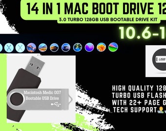 Mac OS X 14 in 1 Bootable USB Flash Drive 3.0 128GB New Plus A Printed Guide Over 22 Pages For All Macintosh Computers