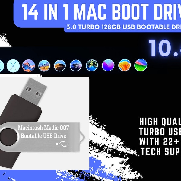 Mac OS X 14 in 1 Bootable USB Drive 128GB Install Upgrade Repair Recover With 22 Page Printed Guide And Tech Support