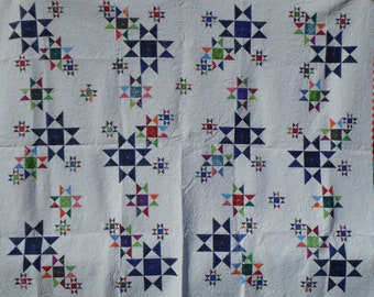 queen size blue and white modern star quilt