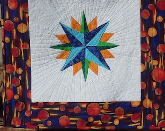 blue and orange star quilted wall hanging, modern blue and orange wall decor