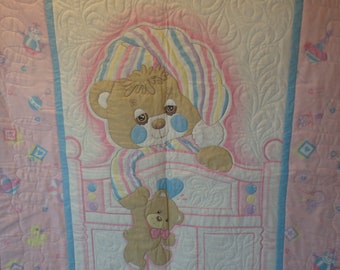 Teddy Bear Baby Quilt, Soft Pastel Cotton, Nursery Decor (36x44 inches)