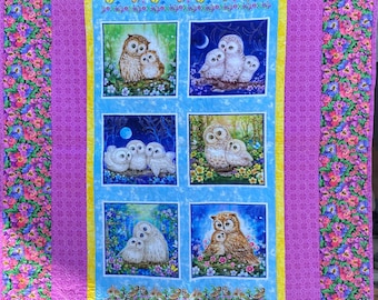 baby owl lap quilt, couch throw, blue decor, blue  and purple quilt, owl decor, nursery decor